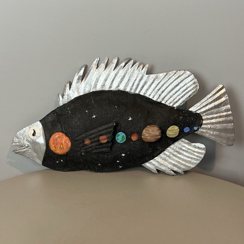 Folk Art Metal Fish Wall Hanging Painted Solar System 20" x 12" Hand Painted